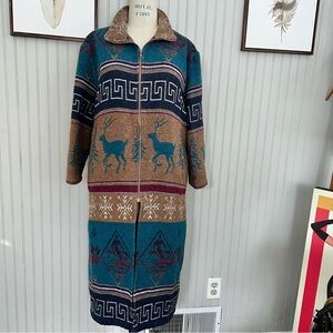 Krista Koeppe, Vintage Southwestern Wool Knit Multi Print Multi Color Long Coat